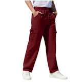 Boys Straight Elastic Waist Loose Lace-up Casual Pants Fashion Solid Color Pocket Tooling Trousers