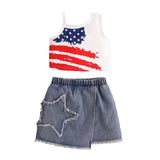 Independence Day Kid Baby Girls Shoulder Suspender Flag Printed Denim 2 Pcs Set