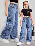 7-12Y Teen Kid Girl Star Decorated Hip Hop Jeans Pants