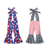 Kid Baby Girl Independence Day Flower Stripe Printed Neck Tie-Up Flared Pants