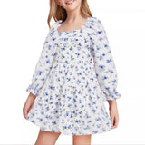 Kid Girl Square Neck Lantern Sleeve Ruffle High Waist Lace Dresses