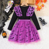 3-8Y Halloween Kid Girls Strip Pumpkin Bat Print Mesh Dresses