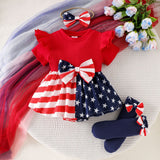 3 Pcs/Set Baby Girl Red And White Strip Star Splicing Independence Day Dress