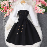 Girls' Long-sleeved Lapel Button-splicing Fashionable Contrasting Simple Dress