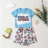 Independence Day Kid Baby Boy Summer Blue USA Letter Print 2 Pcs Set