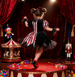 4-10T Kid Girl Halloween Circus Thriller Suit Clown Costume 3 Pcs Set