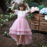 Kid Girl Princess Mesh Flower Fluffy Short Sleeved Trailing Performance Dresses
