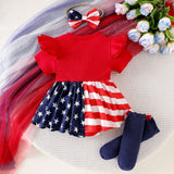 3 Pcs/Set Baby Girl Red And White Strip Star Splicing Independence Day Dress
