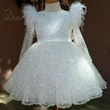 Kid Baby Girl White Fluffy Gauze Long Sleeved Sequined Dresses