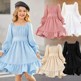 Kid Girl Square Collar Horn Long-sleeved Ruffle Big Swing Dresses