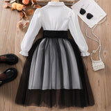 5-12Y Kid Girls Long-sleeved Lapel Waist Mesh Splicing Dresses