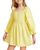 Kid Girl Square Neck Lantern Sleeve Ruffle High Waist Lace Dresses