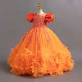 3-12T Kid Girl Princess Mesh Tutu Skirt Handmade Beaded Fungus Sleeve Dresses