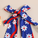 Kid Baby Girl Independence Day Flower Stripe Printed Neck Tie-Up Flared Pants