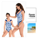 New Parent-child Swimsuit Women's High-waisted Bikini Adult Swimsuit Blue and White Porcelain