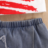 Independence Day Kid Baby Girls Shoulder Suspender Flag Printed Denim 2 Pcs Set