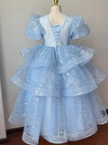 Kid Girl Blue Princess Fluffy Yarn Birthday Host Catwalk Dresses