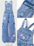7-12Y Kid Girl Flower Embroidered Denim Overalls Casual Personality Jumpsuit Pants
