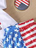Summer Baby Girl Fringed Short-sleeved Splicing Independence Day 3 Pcs Set Outfits