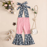 Kid Baby Girl Independence Day Flower Stripe Printed Neck Tie-Up Flared Pants