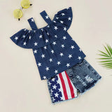 Independence Day Kid Baby Girls Denim Suspender Shorts 2 Pcs Set
