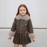 2-10T Kid Girls Leather Fur Collar Jacket Pleated Suits 2 Pcs Set