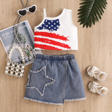 Independence Day Kid Baby Girls Shoulder Suspender Flag Printed Denim 2 Pcs Set
