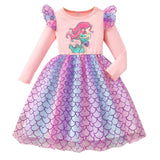 Kid Girl Long Sleeve Crew Neck Mermaid Mesh Dresses