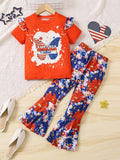 3-8 T Kid Girl Bow Independence Day Printed Short Sleeved Flared 2 Pcs Set