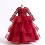 4-14T Kid Girl Long Sleeve Mesh Fluffy Princess Piano Host Birthday Dresses