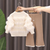 1-6T Kid Baby Girl Knitted Flared Long-sleeved Suit 2 Pcs Set