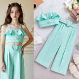 Kid Girl Summer Casual Ruffle Leaf Edge Solid 2 Pcs Set