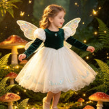 2-8Y Kid Baby Girls Autumn Winter Dark Green Long Sleeve Bubble Sleeve Party Dresses