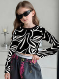 Fashion Versatile High Quality Checked Girls Short Crew Neck Long Sleeves