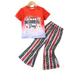 3-8T Kid Girls Summer English Graphic Star Stripe Print Flared 2 Pcs Set