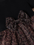 Kid Girl Black Pit Stripe Patchwork Leopard Print Mesh Dress