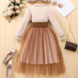 5-12Y Kid Girls Long-sleeved Lapel Waist Mesh Splicing Dresses