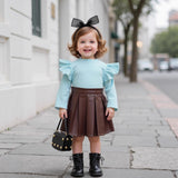 Children's Clothing Girls' Turtleneck Knitted Ribbed Long-sleeved Top Pleated Leather Skirt Two-piece Set