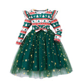2-8Y Kid Girl Long-sleeve Crew Neck Bow Mesh Christmas Halloween Party Dresses