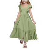 Kid Girl Summer Sweet Square Neck Flying Sleeve Backless Dresses