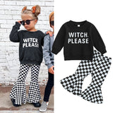 Halloween Kid Baby Girl Witch Letter Long Sleeve Checkered Bell 2 Pcs Sets