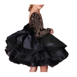 Kid Girl Black Sequined Princess Backless Host Long-sleeved Dresses