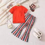 3-8T Kid Girls Summer English Graphic Star Stripe Print Flared 2 Pcs Set