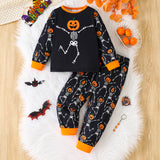 1-8Y Kid Baby Boys Halloween Skull Pumpkin Loungewear Pajamas 2 Pcs Set