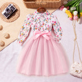 Kid Girls Long Sleeve Lapel Floral Mesh Dress