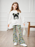 INS Girls Girls Print Sweater and Leopard Flared Pants Casual