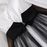 5-12Y Kid Girls Long-sleeved Lapel Waist Mesh Splicing Dresses