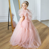 Kid Girls Princess Pink Fluffy Gauze Walk Show Birthday Piano Performance Dresses