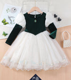 2-8Y Kid Baby Girls Autumn Winter Dark Green Long Sleeve Bubble Sleeve Party Dresses