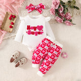 Baby Girl Cute Love Towel Embroidered Plaid 3 Pcs Sets